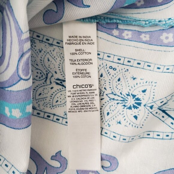 Chicos Lightweight Turquoise 3/4 Sleeve Boho Print Tunic Top Tassels Size M - Picture 8 of 9